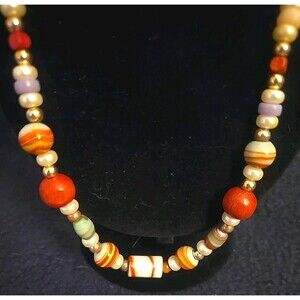 Rust Goldtone Cream And Green Beaded Necklace